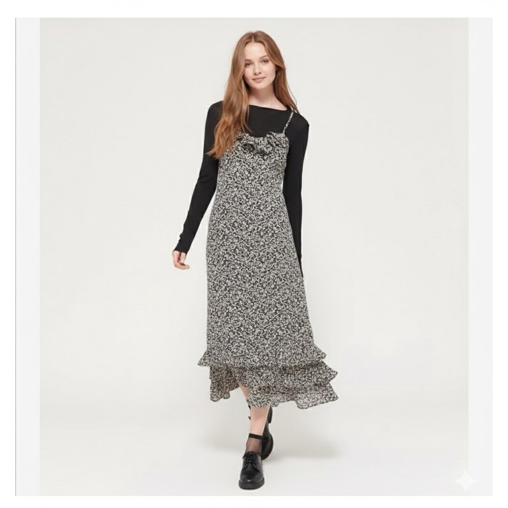 Urban Outfitters Dark Floral Ruffle Midi Dress Size S Sheer Fairy Cottagecore